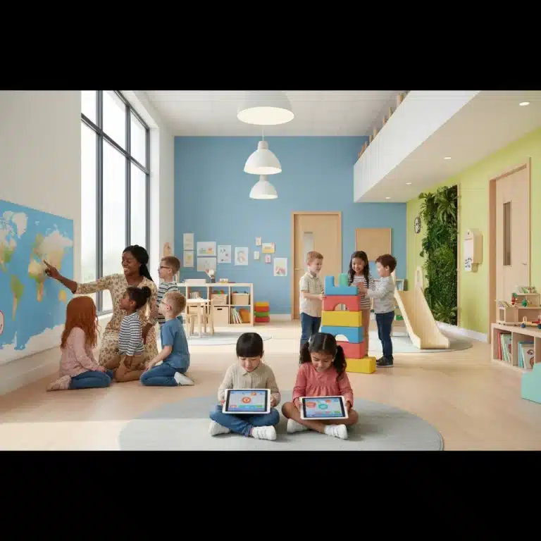 Children learning and playing in a modern, innovative childcare facility