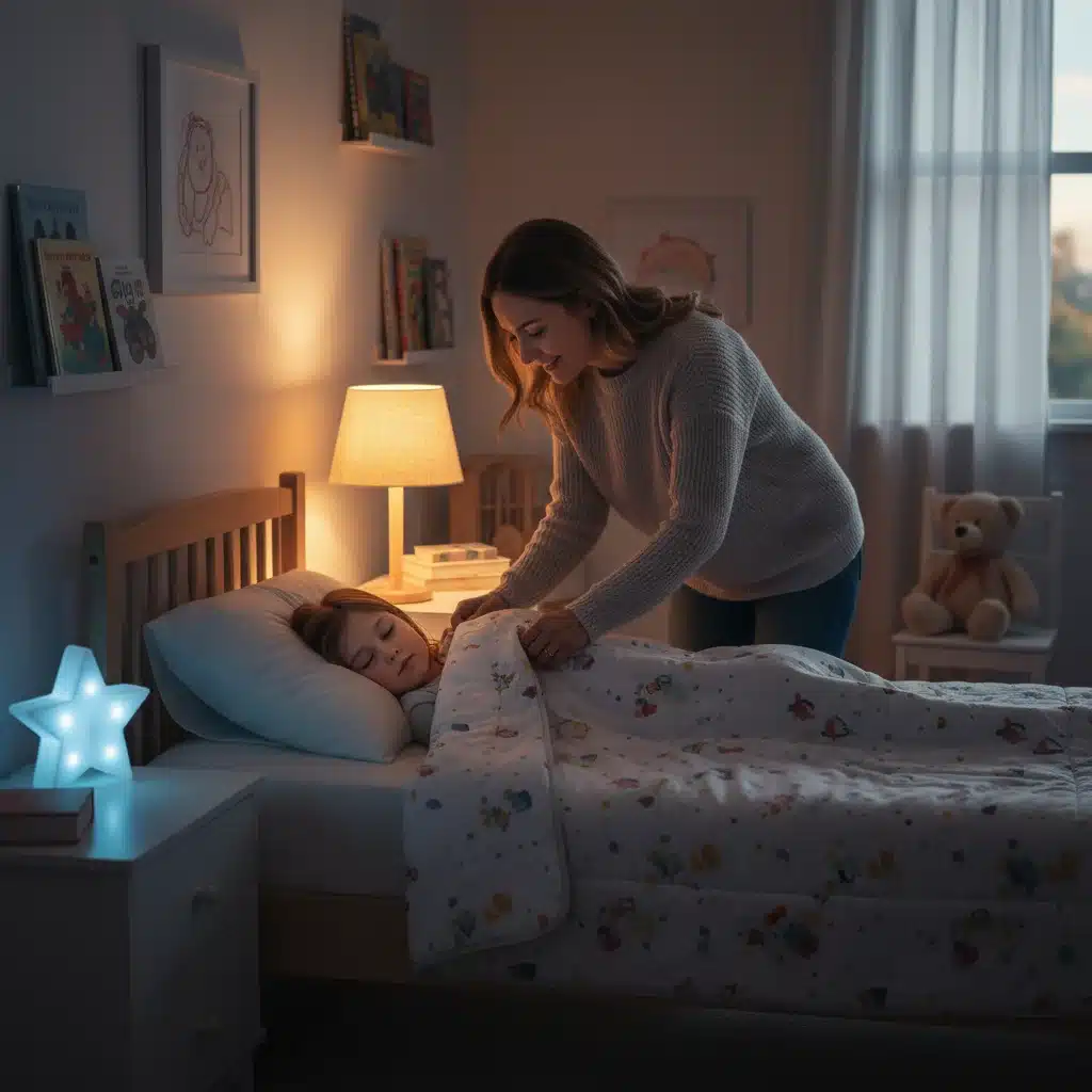 Parent tucking child into bed, illustrating a comforting sleep routine.