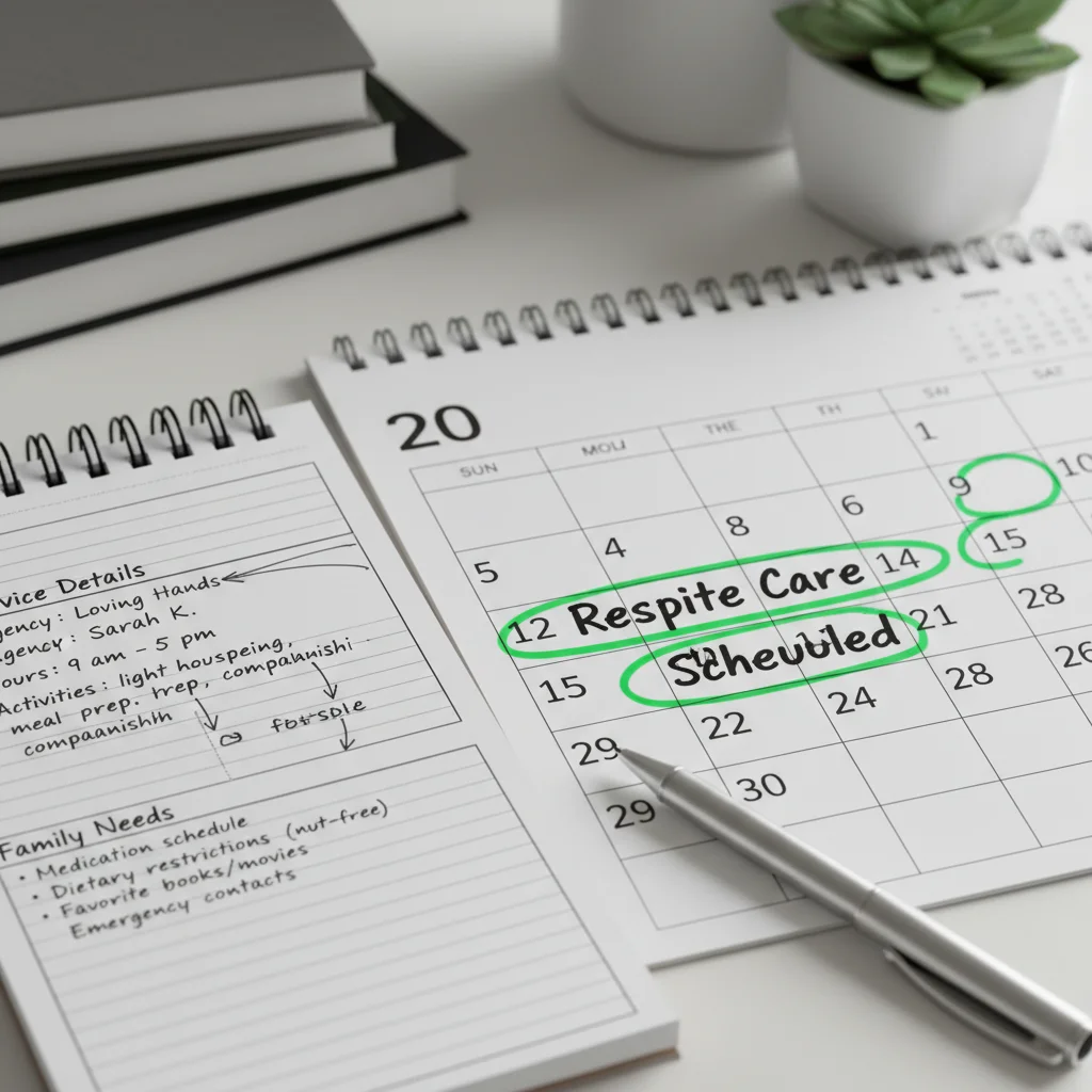 Respite care planning calendar and notes for family needs