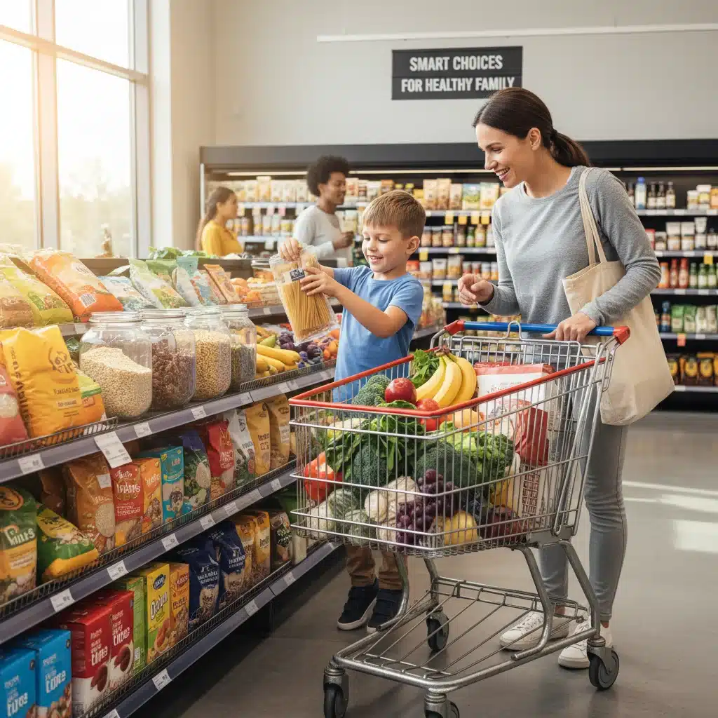 Parent and child selecting fresh fruits and vegetables at a grocery store.