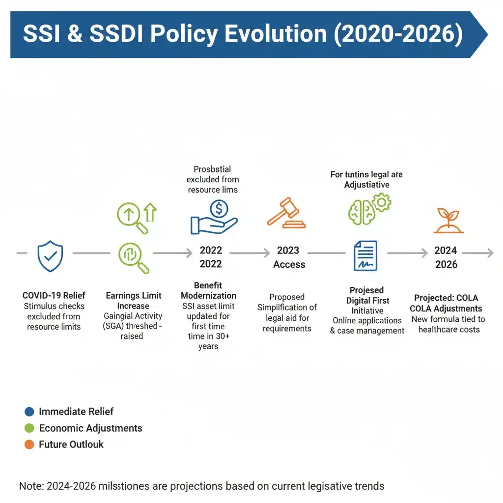 Infographic showing SSI SSDI policy changes timeline 2026