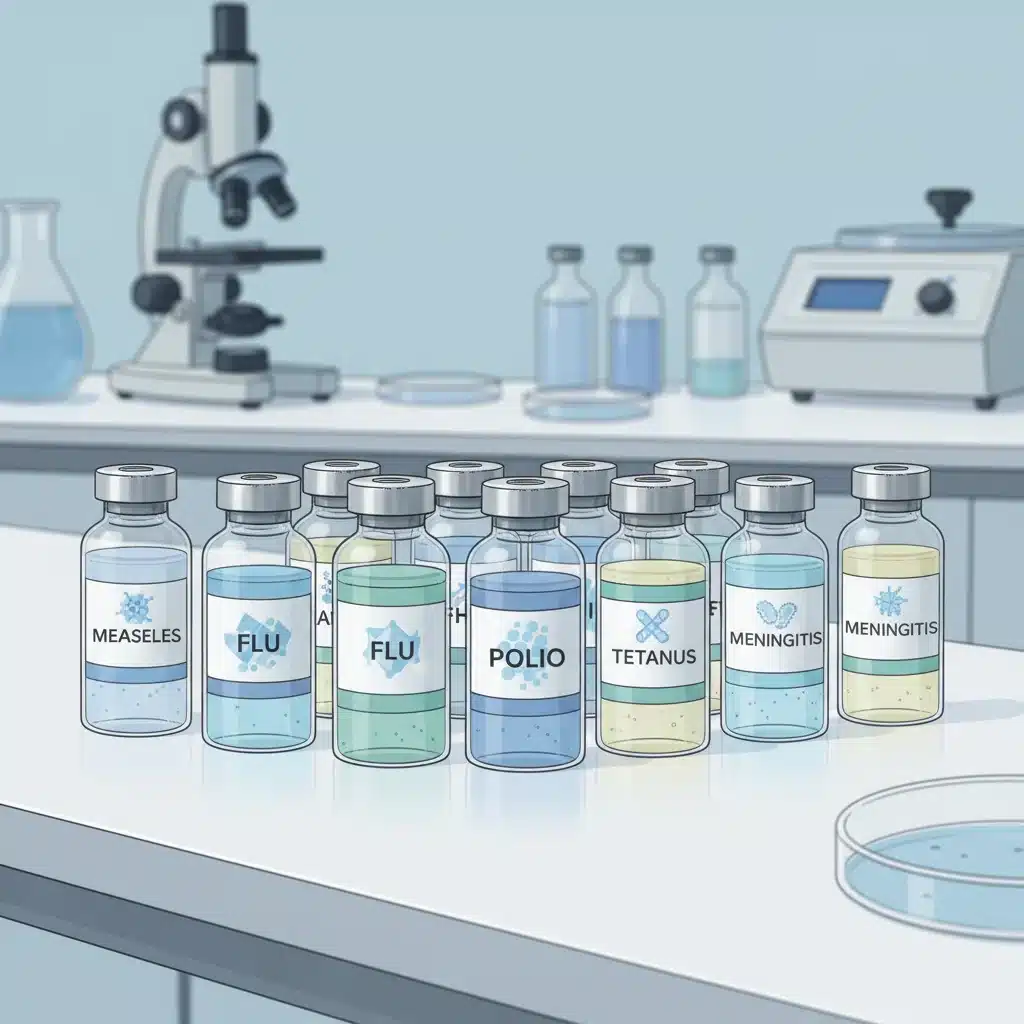 Illustration of different vaccine vials for various diseases