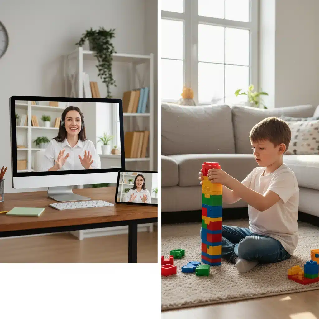 Therapist guiding a child with autism through a virtual play therapy session at home, demonstrating personalized care.