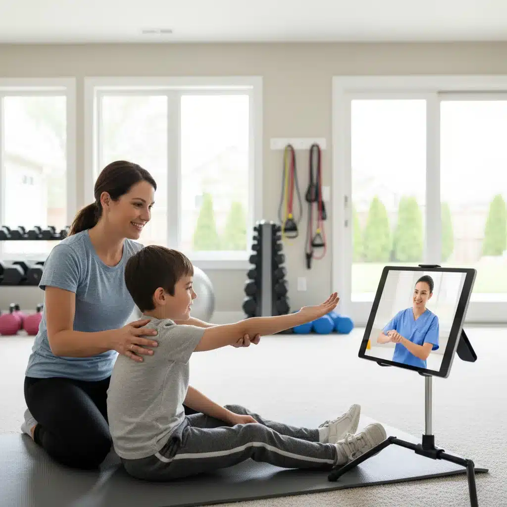 Parent and child engaging in virtual physical therapy for a physical disability, guided by a therapist on a tablet.
